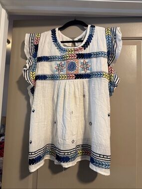 ARULA White Embroidered Flutter Sleeve Top with Blue, Pink & Yellow Accents